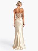 Elegant Floral Lace Strapless Satin Maxi Dress