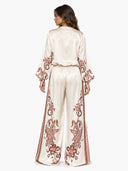 Retro Floral Print Satin Blouse & Wide-Leg Pants Two-Piece Set