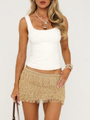 Casual Knit Top & Layered Fringe Mini Skirt Two-Piece Set