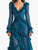 Elegant Ruffle Deep V-Neck Sheer Sleeve Maxi Dress
