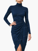 Elegant Turtleneck Draped Side Slit Midi Dress