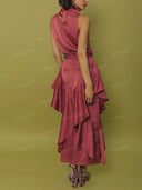Elegant Satin High-Neck Top & Layered Ruffle Midi Skirt Set