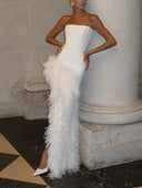 Elegant Strapless Feather Trim High Slit Satin Party Maxi Dress