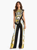 Retro Geometric Print Tassel Trim Asymmetric Top & Pants Two-Piece Set
