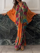 Retro Bohemian Floral Print V-Neck Kaftan Maxi Dress