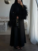 Elegant Feather-Trim Batwing Sleeve Maxi Dress