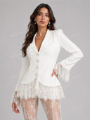 Elegant Lace Trim Blazer Top & Flared Lace Pants Two-Piece Set