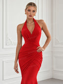Elegant Halter Neck Ruched Mermaid Maxi Dress