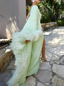 Elegant Feather Trim One Shoulder Slit Maxi Dress