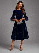 Elegant Velvet Feather Cuff Midi Dress
