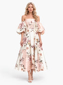 Elegant Floral Print Off-Shoulder Puff Sleeve Midi Dress