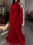 Elegant Pleated High-Neck Cape Sleeve Chiffon Maxi Dress