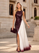 Elegant Colorblock Ruched Waist Pleated Maxi Dress