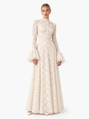 Elegant High Neck Floral Lace Flare Sleeve Maxi Dress
