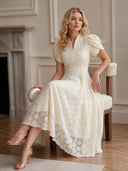 Elegant Floral Textured Puff Sleeve Midi Dress