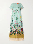 Retro Chic Printed Feather Trim Maxi Dress