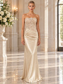 Elegant Floral Lace Strapless Satin Maxi Dress
