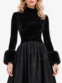 Elegant Velvet High-Neck Faux Fur Cuff Midi Dress