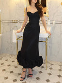 Elegant Sweetheart Ruffle Hem Satin Maxi Dress