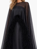 Elegant Feather Trim Chiffon Shawl Black Satin Maxi Dress