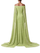 Elegant Feather Trim Off Shoulder Cape Maxi Dress