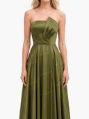 Elegant Strapless Pleated High-Slit Satin Maxi Dress