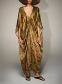 Retro Floral Print Satin Long Kaftan Dress