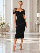Elegant Sweetheart Neck Mesh Sleeve Bodycon Midi Dress