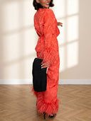 Elegant Feather Trim Jacquard Wrap Blouse & Pants Two-Piece Set