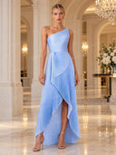 Elegant One-Shoulder Pleated Asymmetrical High-Slit Maxi Dress