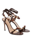 Wood Beaded Ankle-Wrap Stiletto Heeled Sandals