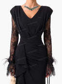 Lace-sleeve Spliced Pleated Maxi Dress