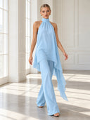 Elegant Halter Neck Asymmetric Chiffon Top & Wide-Leg Pants Set