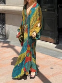 Retro Abstract Print V-Neck Balloon Sleeve Maxi Dress