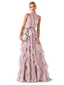 Elegant Halter Neck Ruffle Chiffon Flowy Maxi Dress