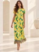 Lemon Blossom Print Feather Hem Midi Dress
