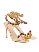 Wood Beaded Ankle-Wrap Stiletto Heeled Sandals
