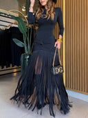 Elegant Ruched Twist Fringe Maxi Dress