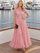 Elegant Lace Trim Pleated Chiffon Maxi Dress