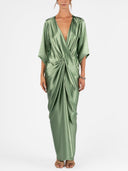 Elegant Satin Deep V Wrap Twist Front Maxi Dress