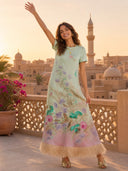 Pastel Floral Print Feather Trim Maxi Dress