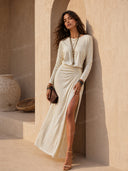 Casual Crew Neck Pleated Slit Maxi Dress