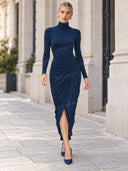 Elegant Turtleneck Draped Side Slit Midi Dress