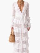 Bohemian Sheer Lace Ruffle Wrap Maxi Dress