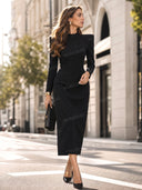 Structured Shoulder High Neck Midi Dress