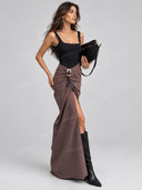 Minimalist Square Neck Bodysuit and Draped Slit Skirt Set