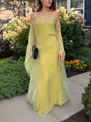 Elegant Sheer Chiffon Cape Sleeve Slip Maxi Dress