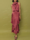 Elegant Satin High-Neck Top & Layered Ruffle Midi Skirt Set