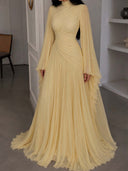 Elegant Pleated High-Neck Cape Sleeve Chiffon Maxi Dress