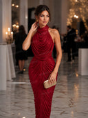 Elegant Metallic Halter Neck Ruched Maxi Dress